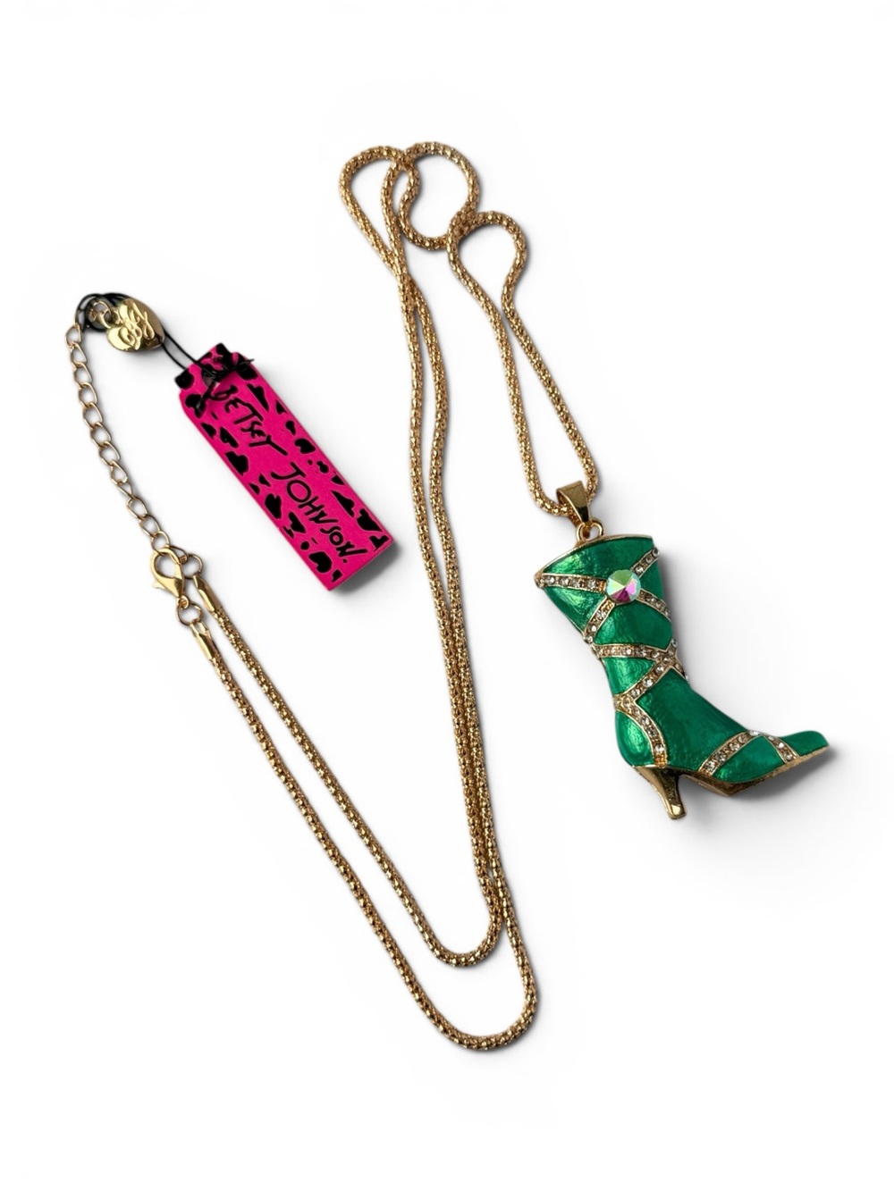 Betsey Johnson Boot Pendant Long Necklace Emerald Green Enamel Rhinestone